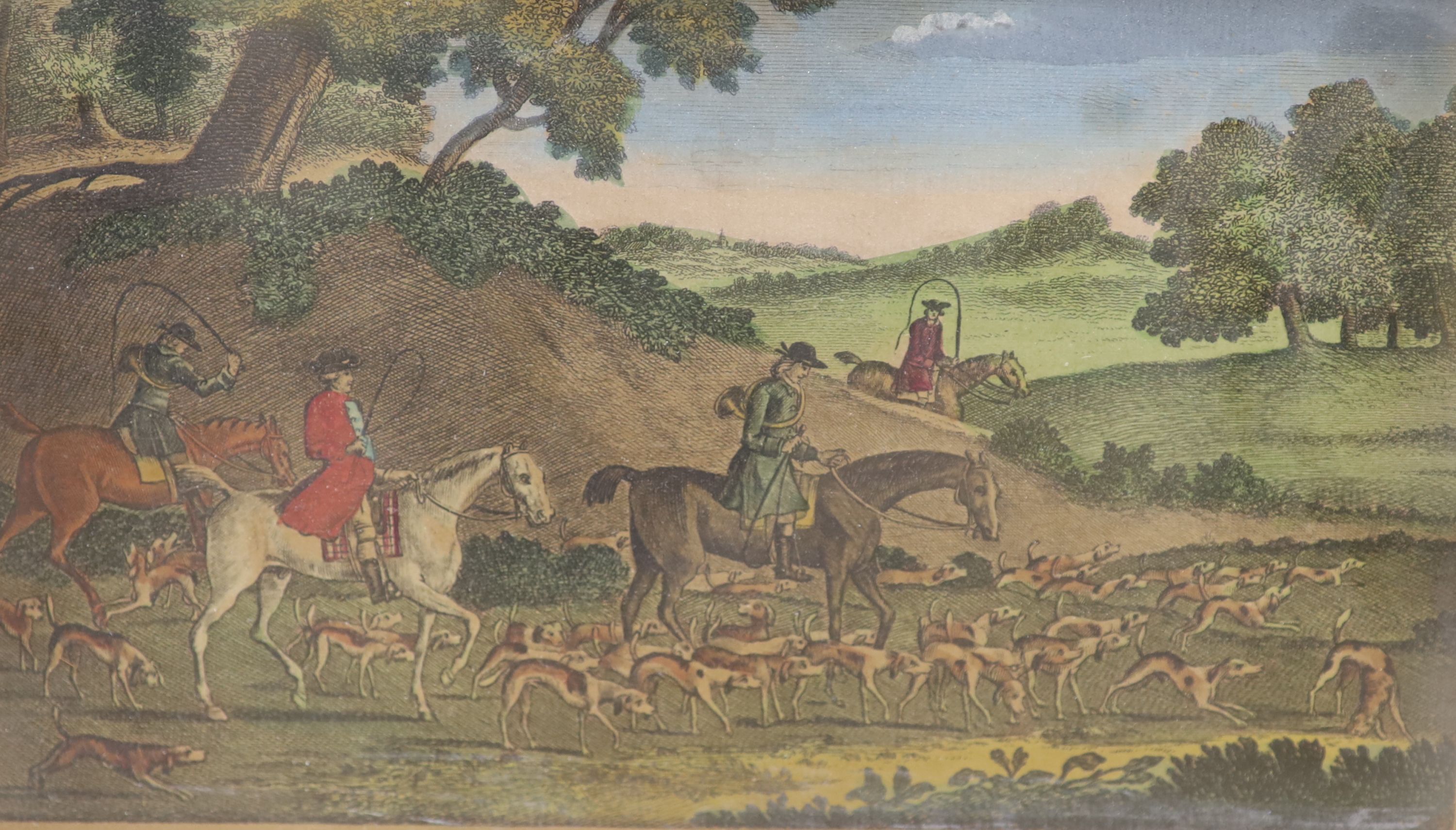 Robert Sayer publ. set of four 18th century coloured engravings, Hunting scenes, 15 x 26cm